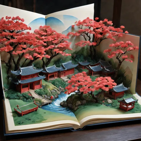 （pop up book：1.5）， Cutting style：A traditional Chinese village is hosting a grand New Year fireworks display。On a cold winter night，Peach Blossom Forest，Red maple，rolling hill quality，4K，8K，A high resolution，tmasterpiece：1.2），ultradetailed，（realistically，照...