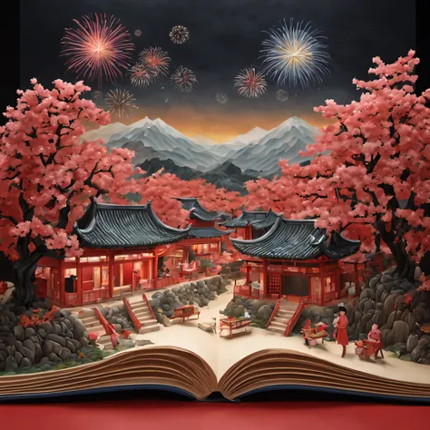 （pop up book：1.5）， Cutting style：A traditional Chinese village is hosting a grand New Year fireworks display。On a cold winter night，Peach Blossom Forest，Red maple，rolling hill quality，4K，8K，A high resolution，tmasterpiece：1.2），ultradetailed，（realistically，照...