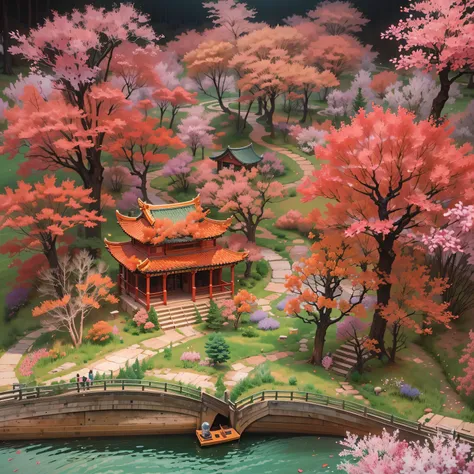 （popup book：1.5），（ Cutting style）：Peach Blossom Forest，Red maple，On a cold winter night，A traditional Chinese village is hosting a grand New Year fireworks display。rolling hill quality，4K，8K，A high resolution，tmasterpiece：1.2），ultradetailed，（realistically，...