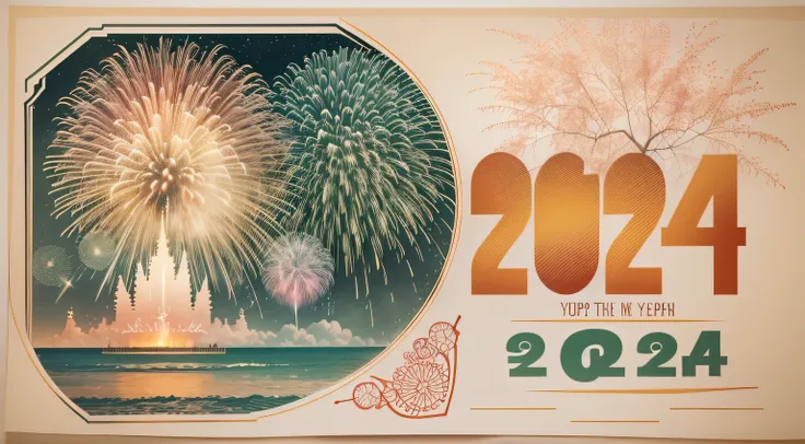 Postal postcard，India on the frontline(2024)Celebrating New Year Grand Fireworks Show Pictures。Typographic wireframe logo with stamp location and recipient、Name format