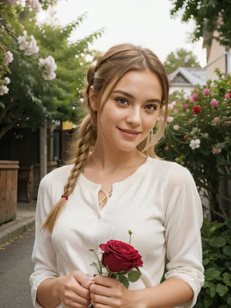 A beautiful girl with her blonde hair tied up, holding two red roses in her hand. She is dressed in a fashionable outfit and has a warm and cheerful smile on her face. The scene is set on a charming country street, with quaint buildings and blooming flower...