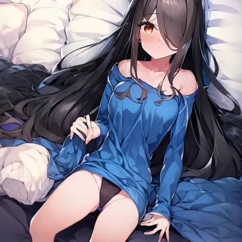 Young girl with long black hair and medium-sized breasts and a medium-sized firm butt lies in bed