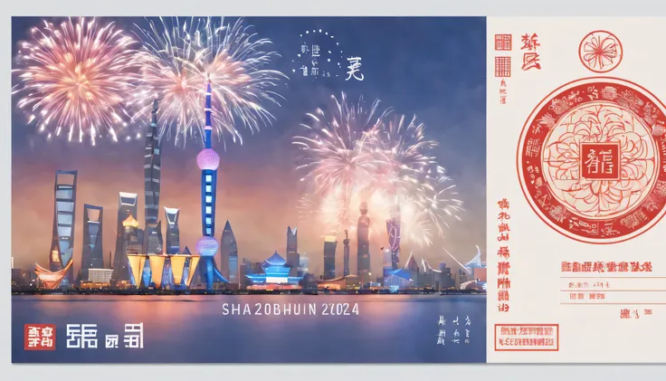 Postal postcard，The front shows a picture of the Shanghai Bund 2024 grand fireworks display.。Typographic wireframe logo with stamp location and recipient、Name format