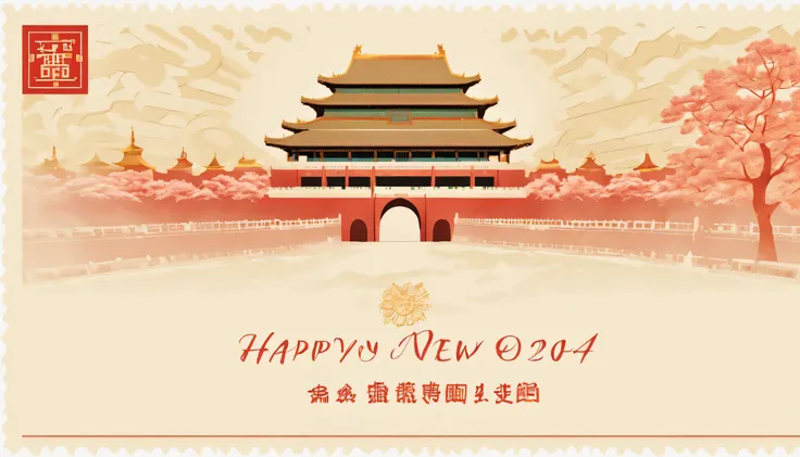 Postal postcard，Happy New Year 2024，There is a picture of the Forbidden City in Beijing on the front。Typographic wireframe logo with stamp location and recipient、Name format