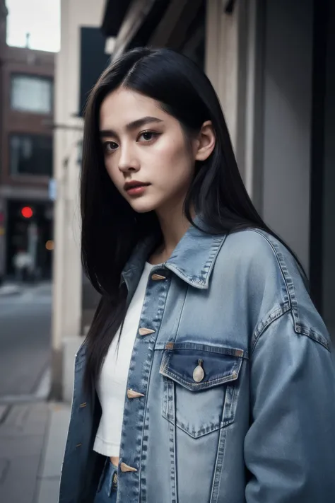 1girl, black hair, hair pulled back, hairclip, cinematic lighting, bloom, dutch angle, award winning, textured skin, perfect face, Natural Makeup, jeans jacket, long hair