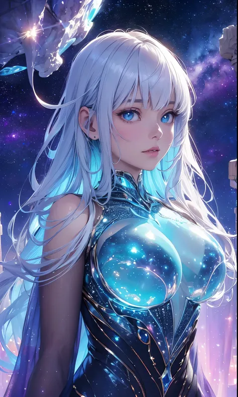 (Best quality,Ultra-detailed,Realistic:1.37),( naked 1.4) Extraterrestrial life forms, Glowing ethereal eyes, Intricate alien characteristics, busty,[(((Glassy transparent skin alien)))+purpleish color], Vibrant colors, celestial background, Cosmic atmosph...