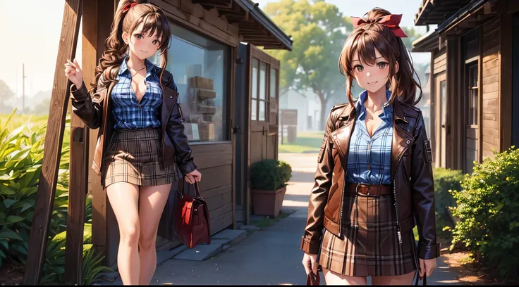 2girls, full body, solo, village, trees, brown hair, long hair, curly hair, ponytail, large breasts, button down shirt, ((blue checked shirt)), ((unbuttoned shirt)), brown eyes, ((opened brown zipper jacket)), leather jacket, red and black skirt, grin, loo...