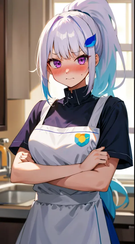 One girl with high ponytail hair, bangs, white hair, blue inner hair:1.25) , purple eyes, looking at viewer, blushing, embarrassed, indoor, kitchen, t shirt, apron, mid-chest, day atmosphere, hair ornament, medium breasts, upper body, focus, blurry backgro...