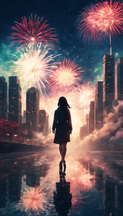 Holiday poster，2024 年new year快乐，Expansive night sky，new year，(A grand fireworks display)，Girl silhouette texture clear，double exposure effect，vibrant with colors，creative composition，artsy photography，hight contrast，soft focus，vague background，multiple exp...