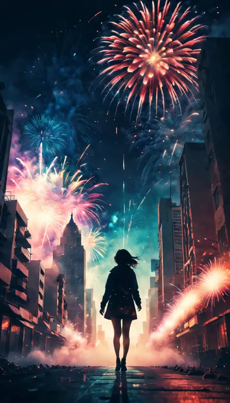 new year，Holiday poster，2024，Expansive night sky，(A grand fireworks display)，Girl silhouette texture clear，double exposure effect，vibrant with colors，creative composition，artsy photography，hight contrast，soft focus，vague background，multiple exposure，Differ...