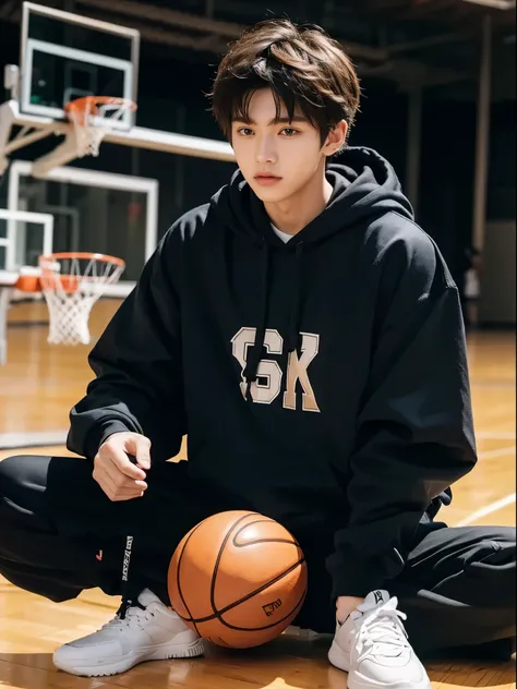 boy, 19y.o, comma hair, hoodie, basketball court