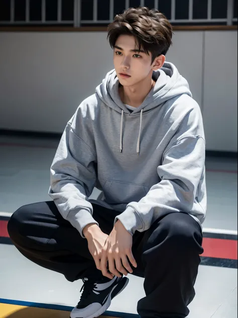 boy, 19y.o, handsome, comma hair, hoodie, basketball court