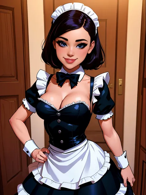 1women, french maid, shy smile, small breasts, Scott J Campbell style, 8k