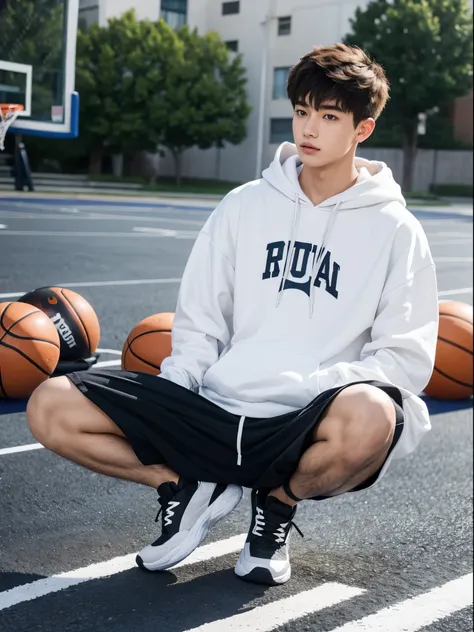 boy, 19y.o, handsome, comma hair, hoodie, basketball court