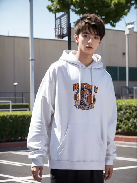 boy, 19y.o, handsome, comma hair, hoodie, basketball court