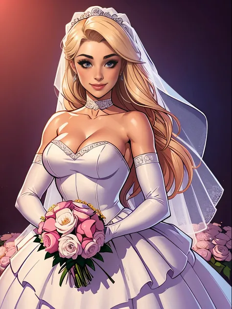 1women, bride in wedding dress, choker,shy smile, small breasts, flowers, Scott J Campbell style, 8k