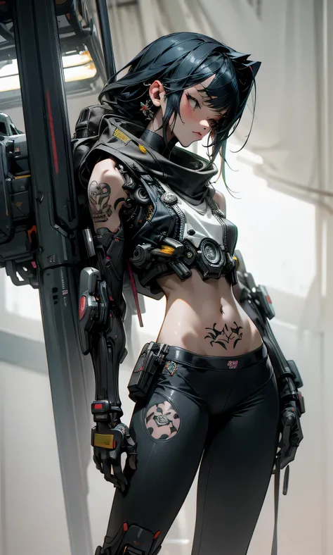 female standing flat pose, body front view, nude, perfect slim figure, intricate details, high details, She is seen amidst her high-tech surroundings, adorned with black tattoo art and a navel piercing. The image should be a mix of digital and anime illust...