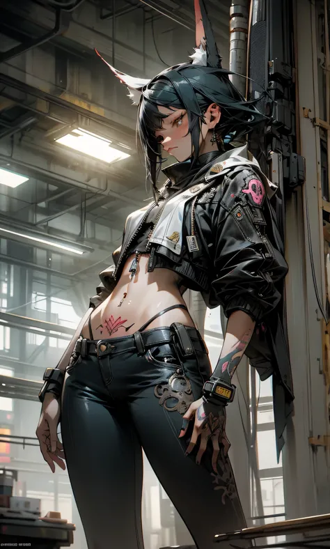 female standing flat pose, body front view, nude, perfect slim figure, intricate details, high details, She is seen amidst her high-tech surroundings, adorned with black tattoo art and a navel piercing. The image should be a mix of digital and anime illust...