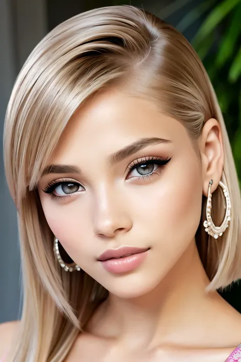 waist length photo beautiful girl, brown_eyeeautiful slim teenage girl 23 year old, hair color [blonde highlights hair], [undercut pixie] hair)), earrings, lips, realistic, narrow waist, charming, pink lipstick, colorful makeup, long eyelashes, earrings, w...