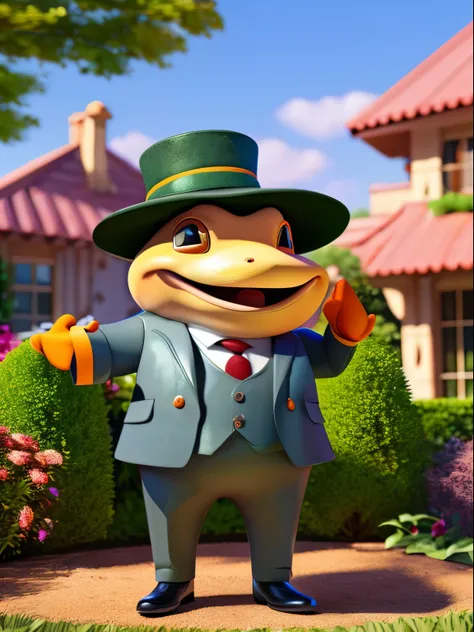 A toad in a suit and cylinder hat, ,big smile, in a garden, 8k