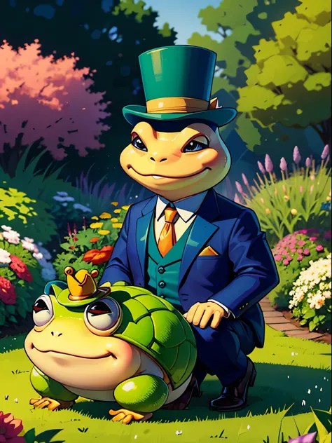 A toad in a suit and cylinder hat, big unreliable smile, in a garden, 8k