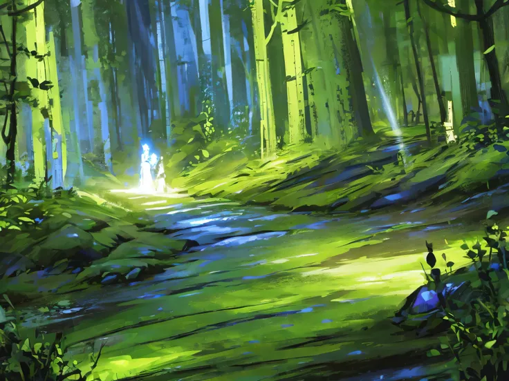 Forest background for RPG game front battle scene. 魔法のような詳細なThe treeや植物, The tree々Mysterious light shining through the gap. the background must be amazing, Colorful, and evoke a sense of adventure. the image should be bright, Vibrant, Reflects the worldvie...