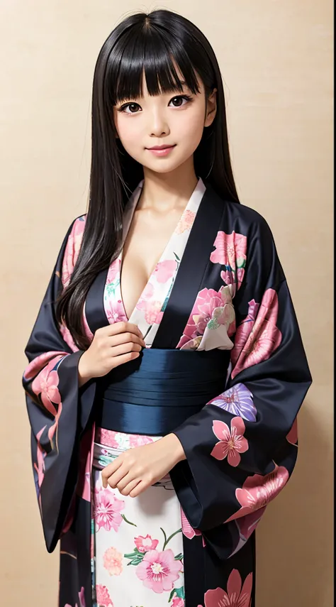 ((Best Quality)), ((masutepiece)), (Detailed), (highlight), Perfect face、Young girl with detailed face showing cleavage、Long, thick, glossy, beautiful black hair with blunt bangs、Single-color background、standing wearing a patterned kimono、