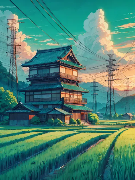 Draw a anime art of wide lofi scene of countryside scene of three story Japanese hut in Kyoto in farm fields, sunset, electricity towers, greenish blue tones,  beautiful cloudy sky, vibrant color tones, masterpiece, peaceful scene