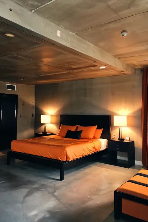 Manly room Concrete interior coordination Very large king size bed Black and orange room layout Stylish muscle training space