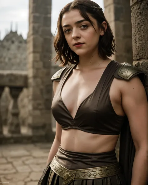 Foto RAW, RAW photograph of Maisie Williams, Arya Stark, mediaeval world cinematic background, Extremely gorgeous lady, Arya Stark PLAYED BY MAISIE WILLIAMS, Queen Arya Stark, she  a mature woman now, milf, sexy mediaeval battle dress, gladiator woman, bod...