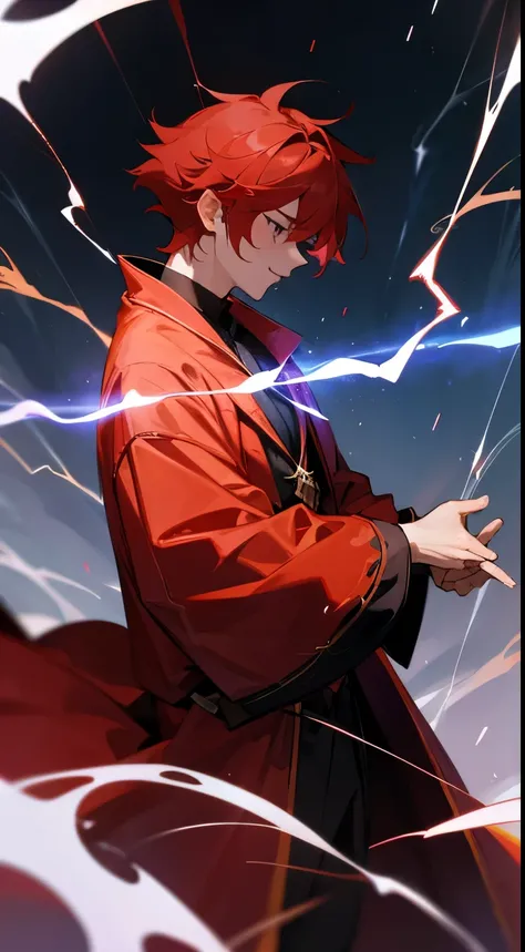 a red-haired guy in magical robes uses lightning magic