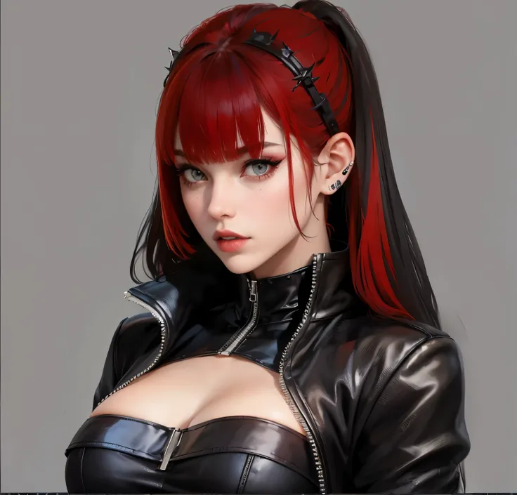 Punk trad goth subculture gothic Girl trad goth makeup punk post punk long hair with bangs spikes fishnet necklace stockings gothic subculture post-punk goth long black hair with bangs,  Girl with big breasts, Correct anatomy, higly detailed, beste-Qualit