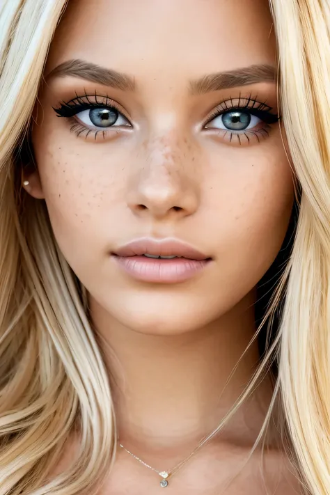 (close-up editorial front photo of 25 yo woman, blonde hair, slim latinas sweetheart), (freckles:0.9), (full lips) close, (yelloreen) eyes, POV, realistic[:, (film grain, 25mm, f/1.2, dof, bokeh, beautiful symmetrical face, perfect sparkling eyes, well def...