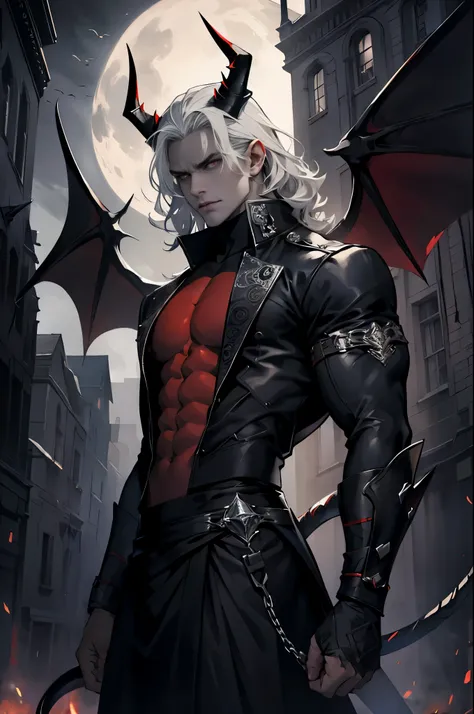 1 boy, Perfect male body, demon, Frown, night. A devil with horns and curls that grow out of his forehead, red eyes, Devils Tail, Gray skin color, wings, Horror subject, Dark Fantasy, Depth of field, non-human, Finely detailed, Ultra-detailed,Eyes looking ...