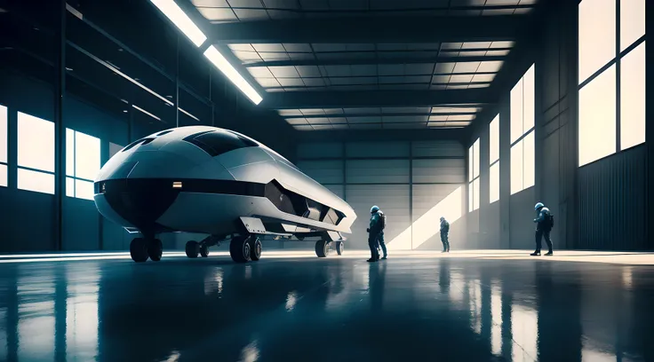 Ultra-realistic photograph of engineers in a warehouse building futuristic spaceships. Perfect cinematic lighting, perfect reflections, perfect textures