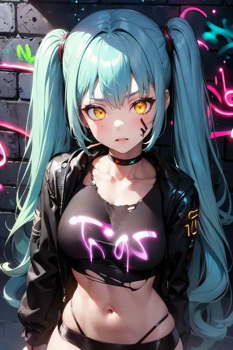 best quality, intricate details, chromatic aberration, (masterpiece), ultra details, ultra quality, rule of third, (top third shot), navel, 1girl, long hair, aqua hair, white highlights, golden eyes, sharp eyes, (looking at viewer), detailed face, detailed...