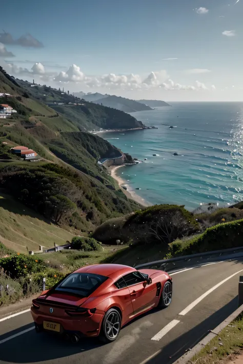 a red sports car driving down a steep hill with a view of the ocean, inspired by João Artur da Silva, an opulent favela environment, wallpaper 4k, wallpaper 4 k, kodakchrome : : 8 k, amazing wallpaper, inspired by Antônio Parreiras, 3 d render and matte pa...