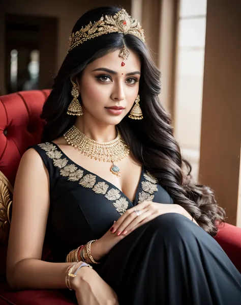 full body portrait of A confident-looking indian woman princess with long flowing hair, hazel eyes, with flowing see-through royal black saree and breast visible see-through blouse, wearing designer jewellery, designer royal black saree, a crown on head, v...