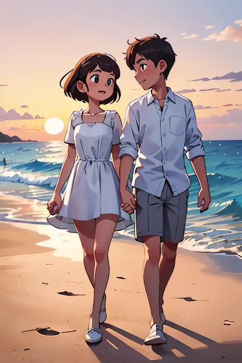 A couple who holding hands wear a white dress and white shirt at the beach with beautiful sunset at the end of the day