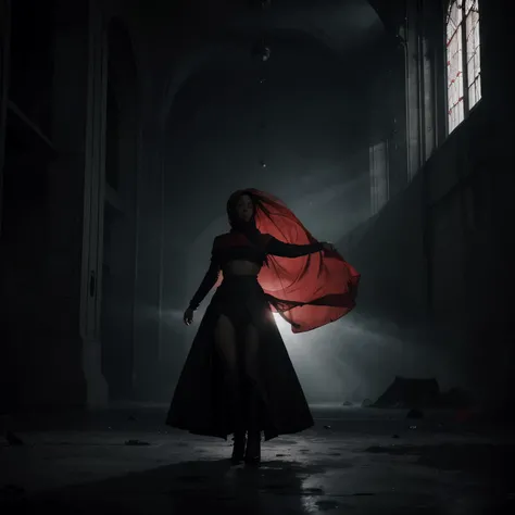 In a desolate and empty space, a black woman stands on a red circle, her red shariah Islamic dress billowing in the wind. The black and grey atmosphere adds a sense of mystery and intrigue, while the piercing light creates a dramatic and visually stunning ...