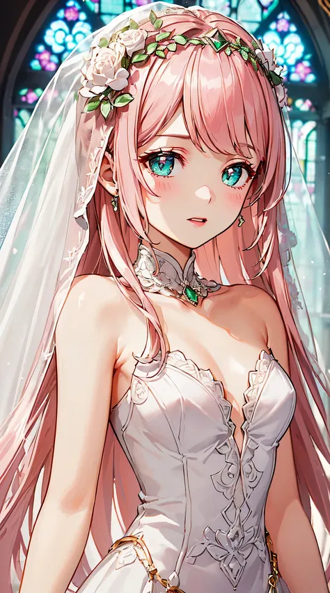 (((with pink hair,Emerald Eyes Beautiful Church:1.2,))))((beautiful big breasts and big breasts detailed wedding dress,Lace wedding dress,Bouquet,veils,))(the face红), (Geometric:1.1), ((1 girl,Amazing Cleavage,cute female child,Alone,Bust photo,))(tmasterp...