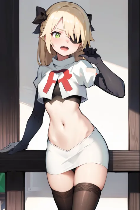 absurdres, fischl (dunkelnacht sakrament) (genshin impact), green eyes, (white pupils:1.2), fischl (genshin impact), medium_breasts, blonde hair, eyepatch, long hair, hair over one eye, bangs, hair ribbon, small breasts, 1girl, team rocket,team rocket unif...