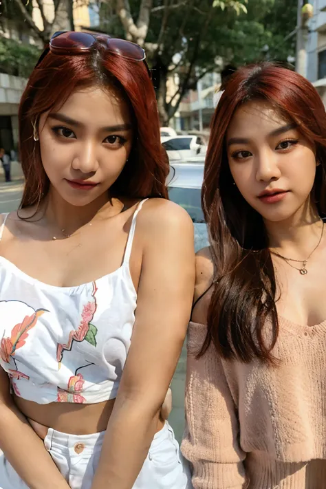 two asian women posing for a photo in a city, Ulzzang, rosa preto, Tumblr, Jinyoung Canela, dois modelos no quadro, Modelo IG | Artgerm, modelo Elisa Hess da acquamodels, Luts, 👅 👅, com hera, rosa preto jennie, Duas meninas, foto de perfil, Modelo do Insta...