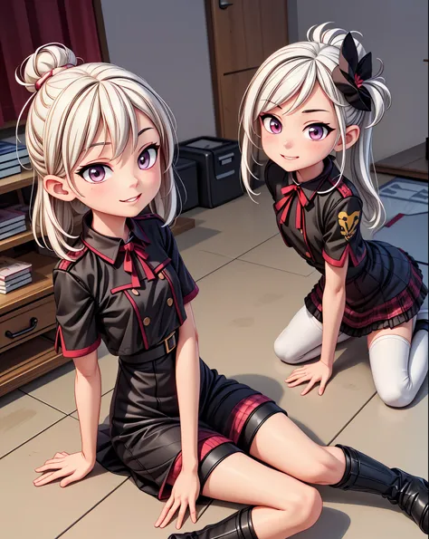 (best quality,4k,highres),anime,anime girl with white hair,black outfit,gapmoe yandere,loli in dress,small curvy loli,sitting on floor,full body art,konachan wallpaper,vivid colors,colorful lighting,ultra-detailed,portraits