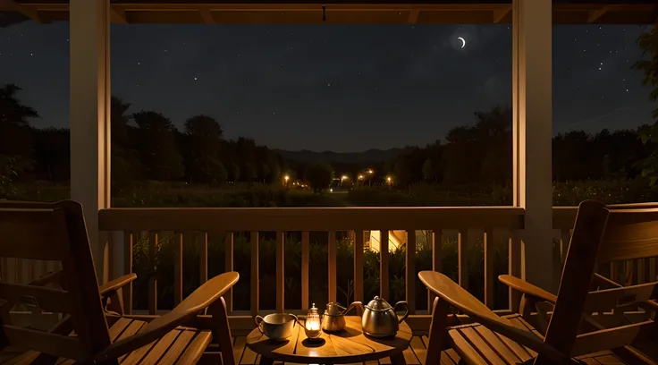 Veranda interior, on the veranda there are two chairs with a kettle and a kettle,cozy veranda, wide angle photo, Photorealistic, Evening, calm night time.  night time, cozy home background,