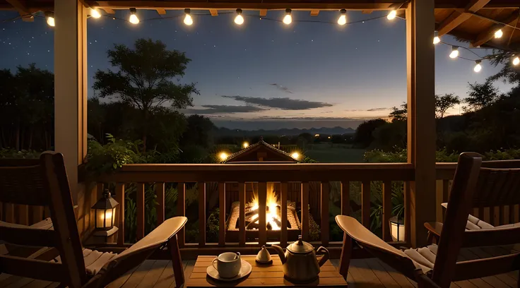 Veranda interior, on the veranda there are two chairs with a kettle and a kettle,cozy veranda, wide angle photo, Photorealistic, Evening, calm night time.  night time, cozy home background,