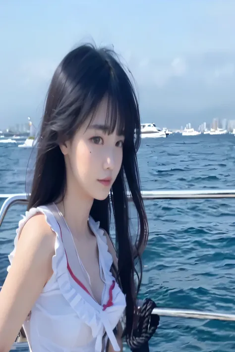 araffe girl in a white dress On the boat in the ocean, On the boat, Queen of the Sea Mu Yanling, over the sea, xintong chen, on the ocean water, 千 葉 雄 大, guweiz, Di Li Gerba, In the sea, full body xianxia, dans la mer