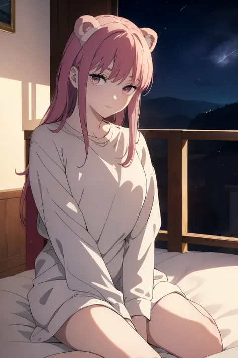 ((beautiful face)), ((masterpiece)), tired girl with pink hair, pink round bear ears, pink eyes, sitting on her knees, ((w legs)), on bed, ((sleep expression)), looking down, wearing white shirt and hot pants, ((Looking at viewer, cute look)), sitting on s...