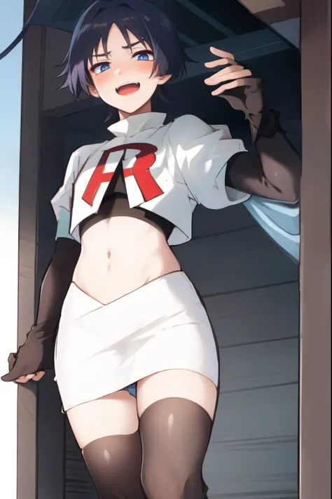 absurdres,masterpiece, trap, best quality, highres, high quality, 1boy, solo, male focus, hair, crossdressing,1boy,team rocket,team rocket uniform,white skirt,red letter R,crop top,black thigh-highs,black elbow gloves, evil laugh, blush