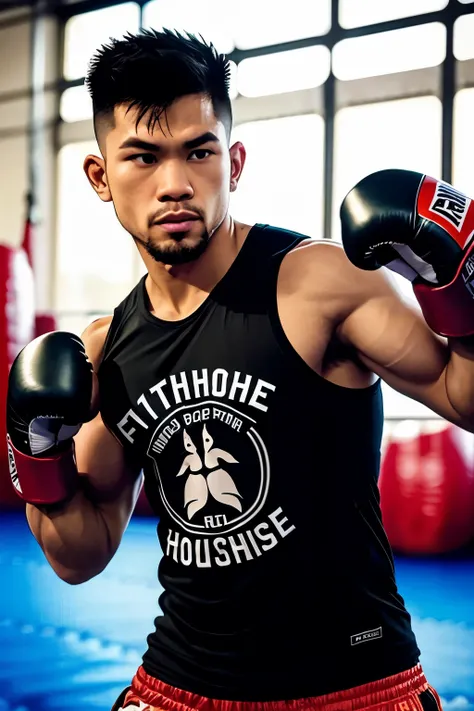 fighter training muay thai with the name “Muayhouse” printed on the shirt.